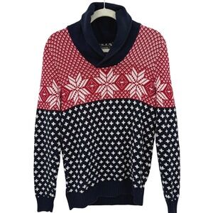 Express Shawl Collar Fair Isle Snowflake‎ Sweater Red Navy White S Christmas